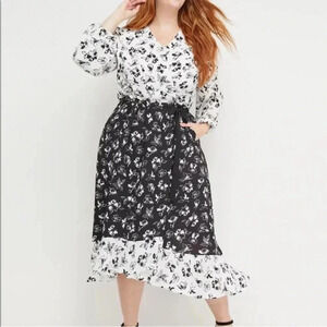 Lane Bryant x Beauticurve Plus Size 14 Black White Floral Midi Wrap Dress Hi Low